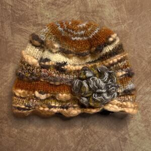 Chunky Knit Bohemian Beanie Hat Flower Multicolor Striped Free Size Hippie